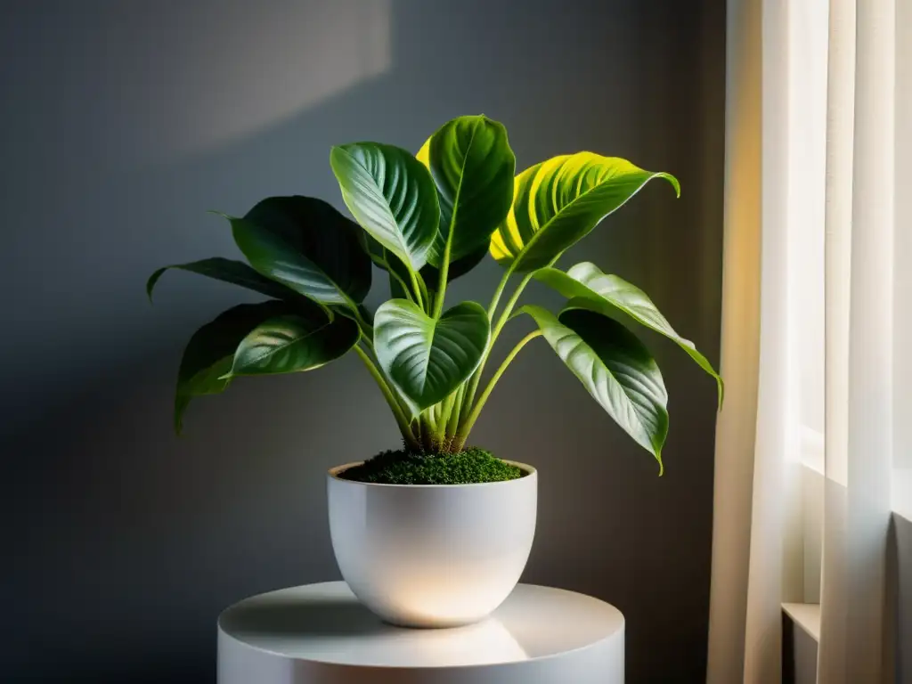 Consejos para maximizar fotosíntesis en plantas: una exuberante planta de interior en un pedestal blanco, iluminada por luz suave a través de cortinas