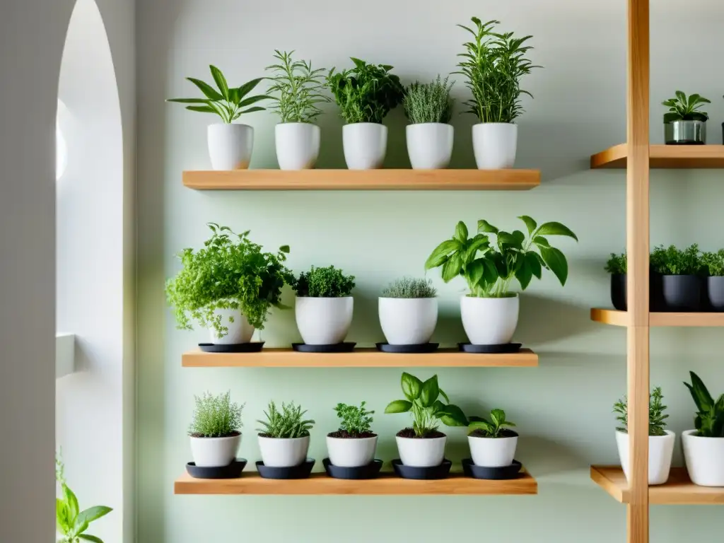 Consejos para cultivar hierbas aromáticas en interiores: Hermoso jardín de hierbas en un entorno minimalista y sereno