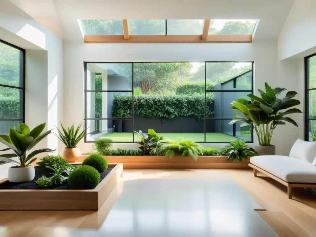 Consejos diseño jardín interior estudio: Sereno jardín interior minimalista con plantas verdes en macetas geométricas y ambiente tranquilo