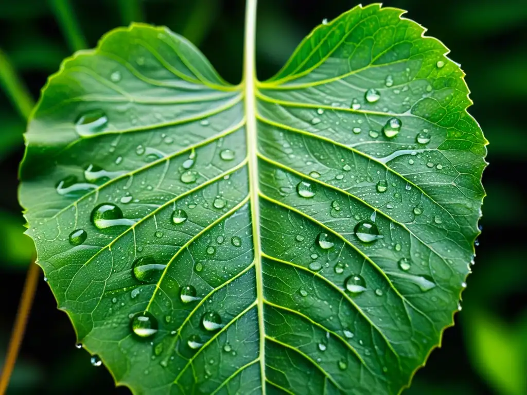 Consejos para salvar planta interior: Detalle de hoja verde con gotas de agua, resaltando sus venas y frescura natural