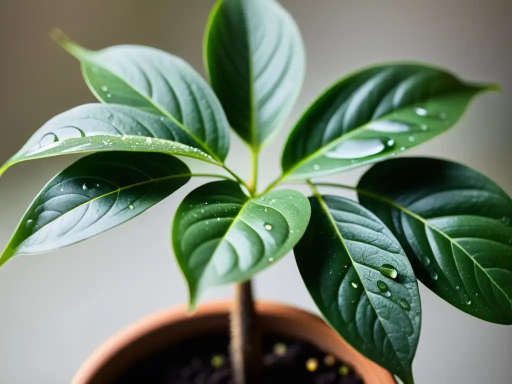 'Consejos para salvar planta interior: Detalle de planta en maceta con gotas de agua, iluminada por luz natural, transmitiendo tranquilidad