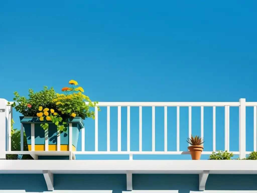 Consejos protección plantas balcones: Un balcón soleado con plantas vibrantes y una atmósfera serena bajo el cielo azul