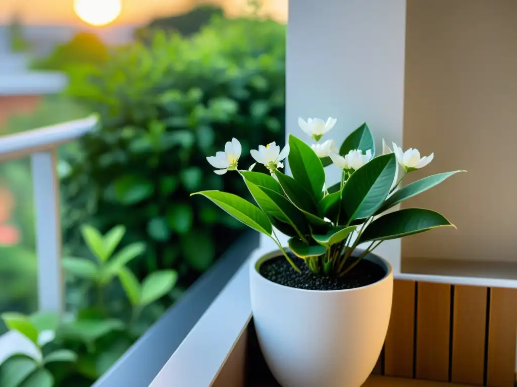 Consejos para la protección de plantas en balcones: Imagen de planta verde y flores blancas en un moderno balcón, irradiando serenidad y vitalidad