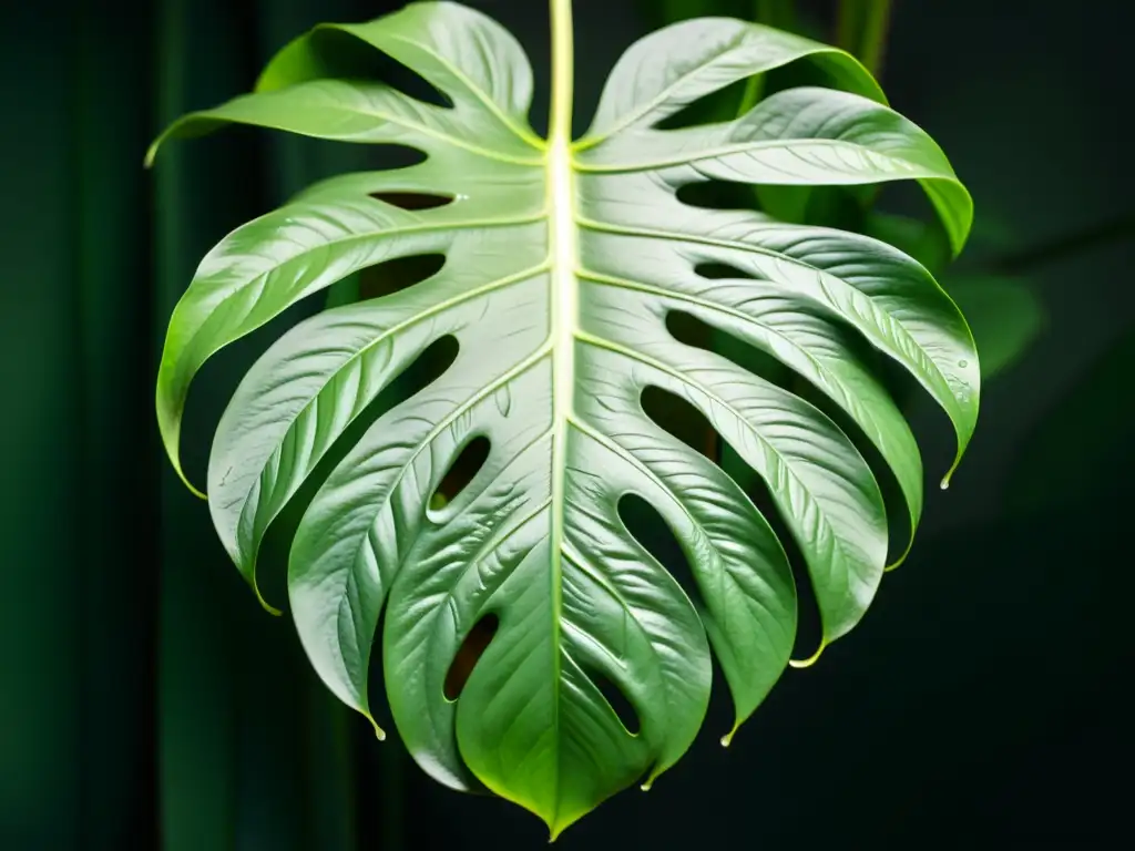 'Consejos para cuidar plantas de interior: Detalle de hoja de Monstera deliciosa con vetas, gotas de agua y juego de luces y sombras