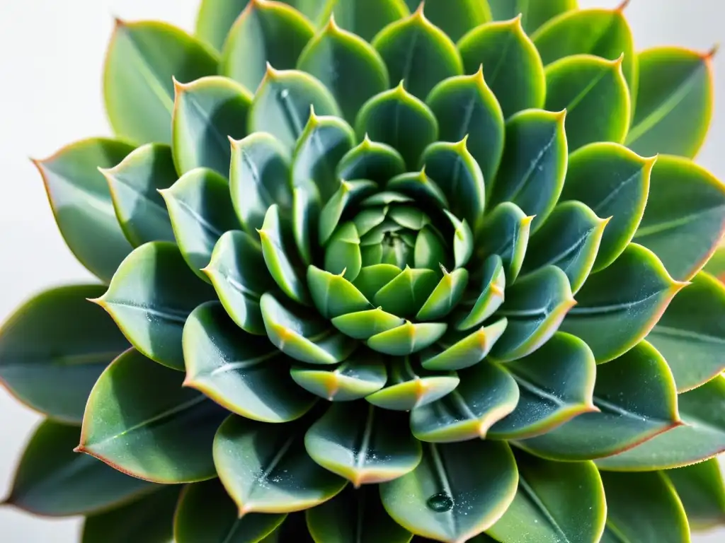 Consejos para fotografía de plantas: Detalle de suculenta verde brillante con gotas de agua, resaltando su textura y patrones en un fondo blanco