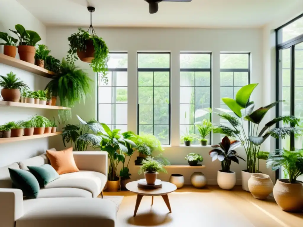 Consejos para integrar plantas en espacios pequeños: Sala de estar moderna con abundante luz natural y exuberante vegetación en macetas