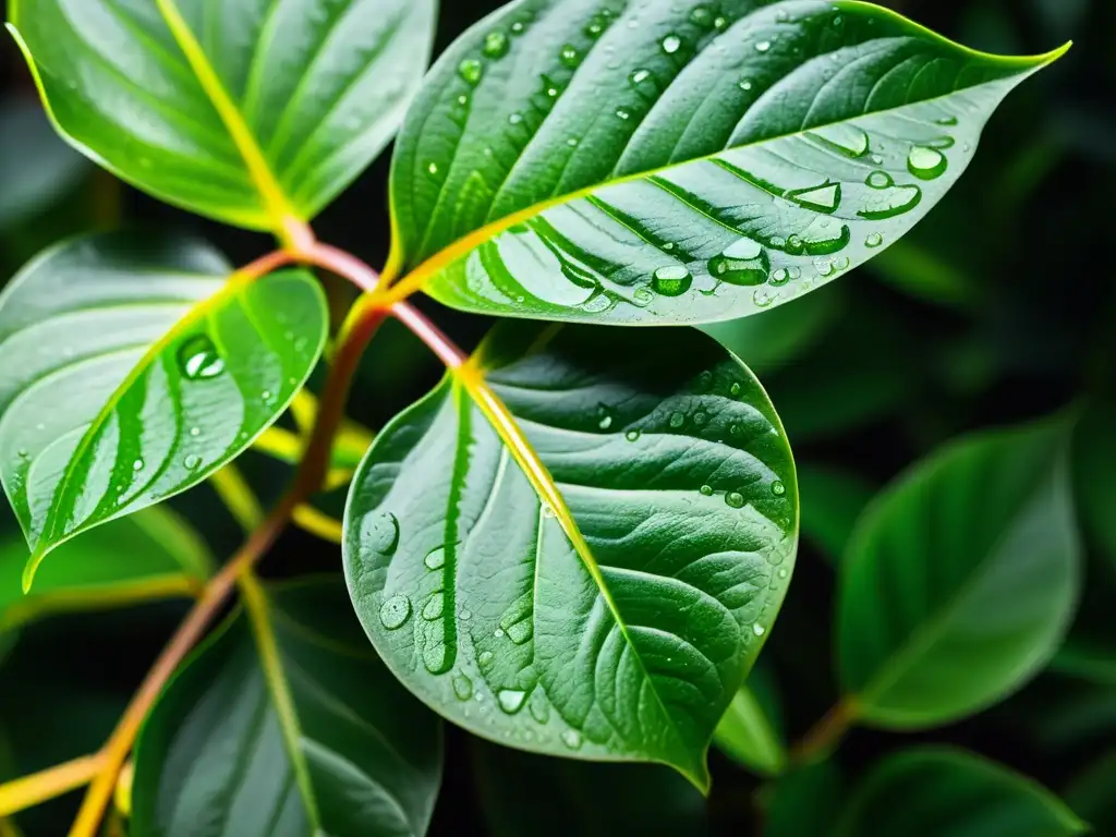 Consejos para refrescar plantas de interior: Detalle de planta con hojas vibrantes bajo una fina neblina de agua, evocando frescura y vitalidad