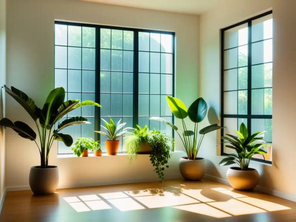 Consejos para cuidar plantas de interior: Un espacio minimalista y soleado con exuberantes plantas en macetas, bañado por una suave luz