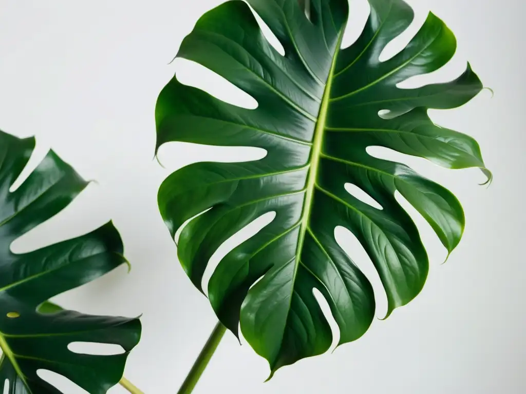 Consejos para fotografiar plantas de interior: Imagen de una exuberante planta monstera verde en un fondo blanco, destacando su belleza natural y color vibrante con un enfoque minimalista y sereno