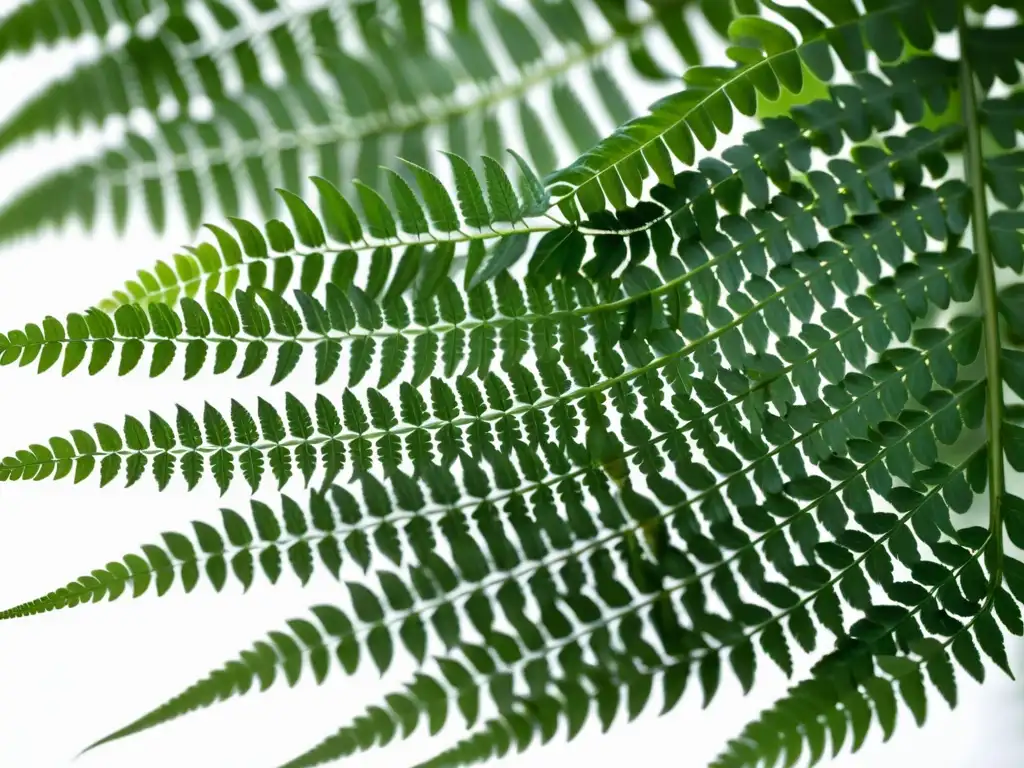 Consejos para cuidar plantas de interior: Imagen de helecho verde exuberante con hojas desplegadas en un fondo blanco, creando una atmósfera serena y elegante