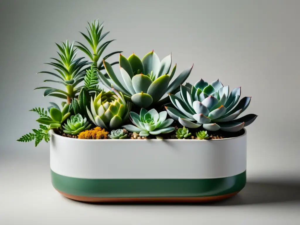 Consejos para plantar plantas en macetas compartidas: Imagen de variedad de plantas en una maceta cerámica, armoniosa y vibrante