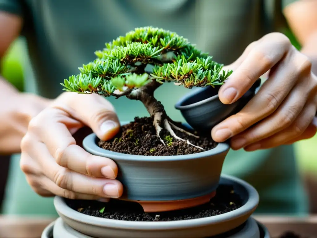 Consejos para trasplante de bonsái asiático: manos cuidadosas repotando árbol en nueva maceta de cerámica, en imagen de alta resolución