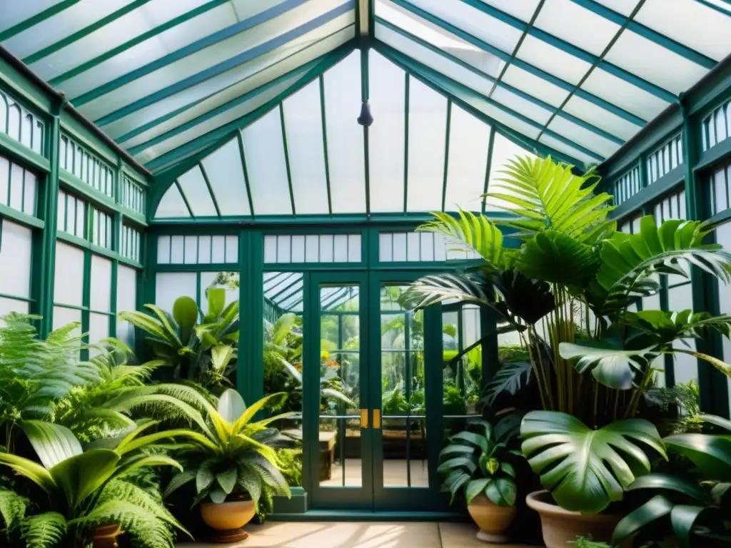 Conservatorio victoriano con exuberante vegetación interior, detalles de hierro forjado y luz natural