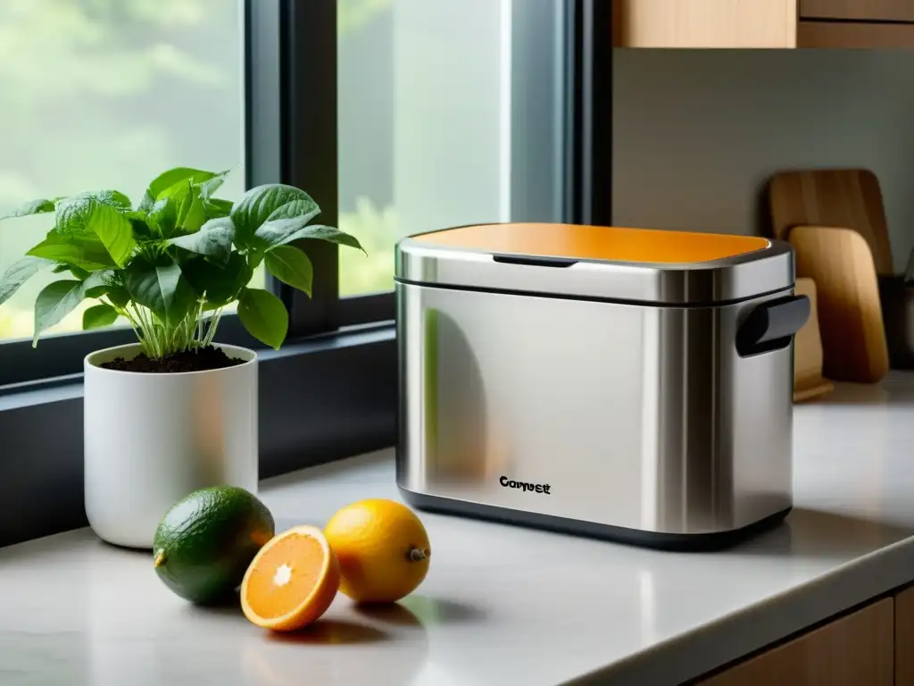 Un contenedor de compostaje en la encimera de una cocina minimalista, junto a hierbas y paños blancos limpios