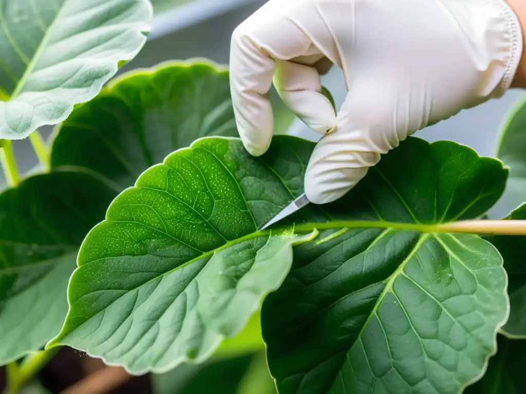 Control de mosca blanca en plantas de interior: Manos con guantes retirando cuidadosamente los pequeños insectos de una hoja de planta