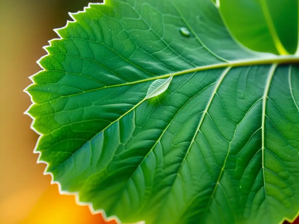 Control de mosca blanca en plantas de interior: hoja de planta sana con insectos blancos en el reverso, iluminados por la luz