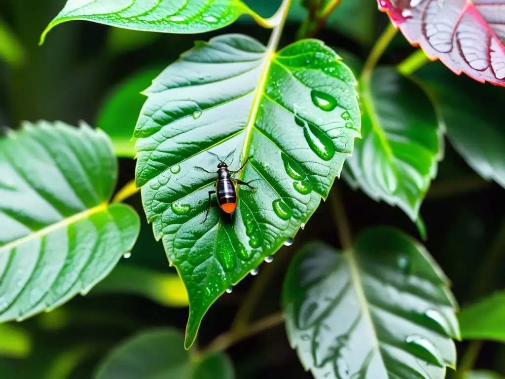 Control de mosca de la humedad: Trampa pegajosa con gotas iridiscentes atrapando insectos entre plantas verdes exuberantes