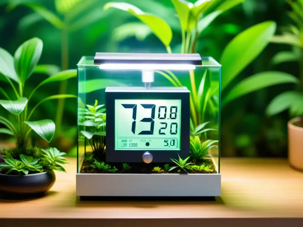 Control de temperatura digital en terrario, rodeado de exuberante vegetación tropical