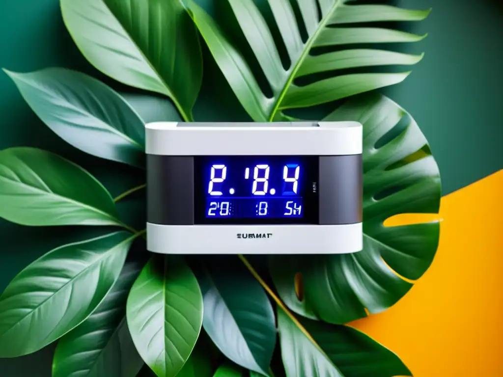 Controladores climáticos para plantas tropicales: Imagen detallada de dispositivo moderno con pantalla digital, en ambiente tropical vibrante