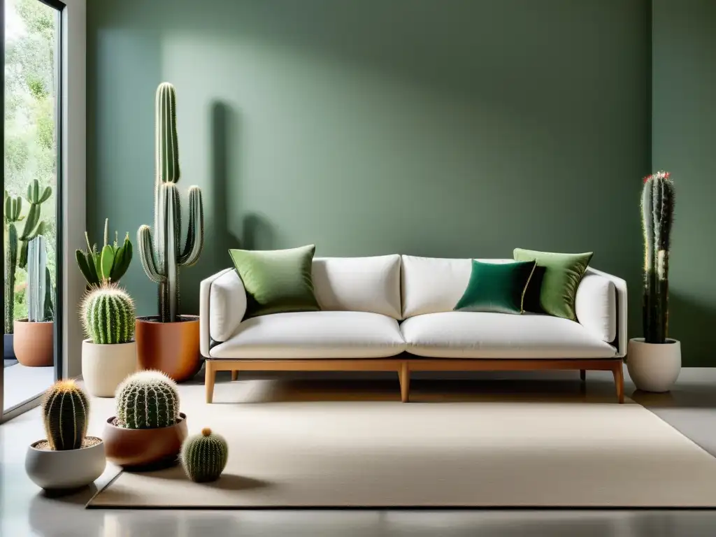 Convivencia segura cactus y mascotas: Sala minimalista con cactus en macetas modernas, iluminación suave y muebles armoniosos