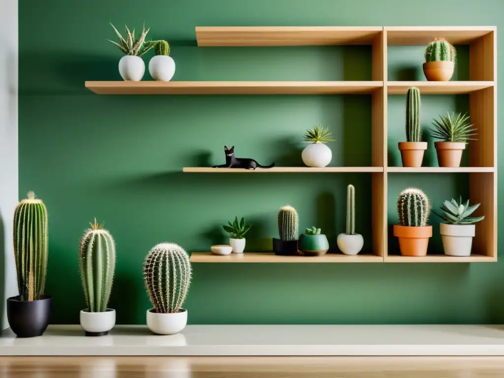 Convivencia segura cactus y mascotas: Sala moderna con cactus exóticos en decoración minimalista y mascota pacífica