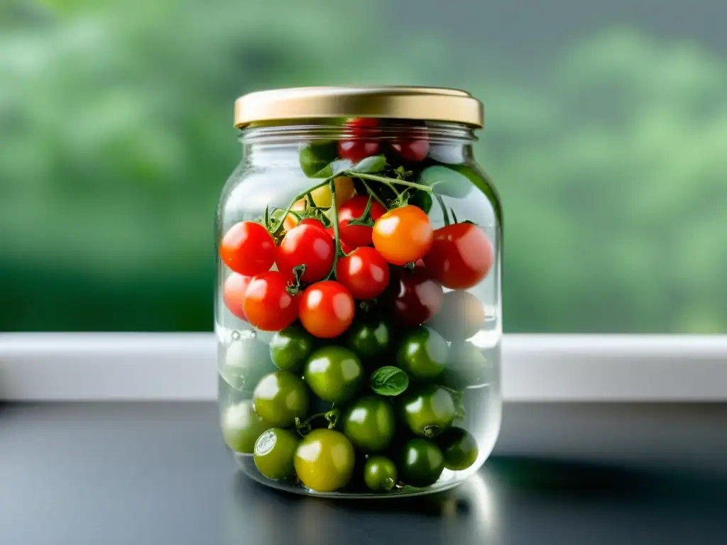 Una cosecha de cultivos hidropónicos en interior: frascos de tomates cherry frescos suspendidos en agua, con luz natural suave