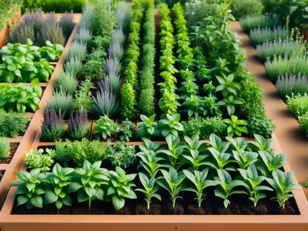 Planificación de siembra y cosecha de hierbas aromáticas en un jardín organizado y tranquilo, bañado por la cálida luz del sol