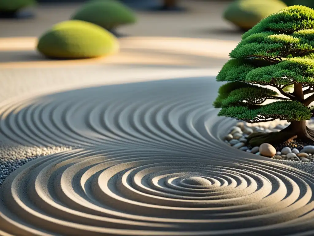 Creación de jardín zen en interior con plantas, rocas y arena cuidadosamente dispuestas, irradiando serenidad y armonía