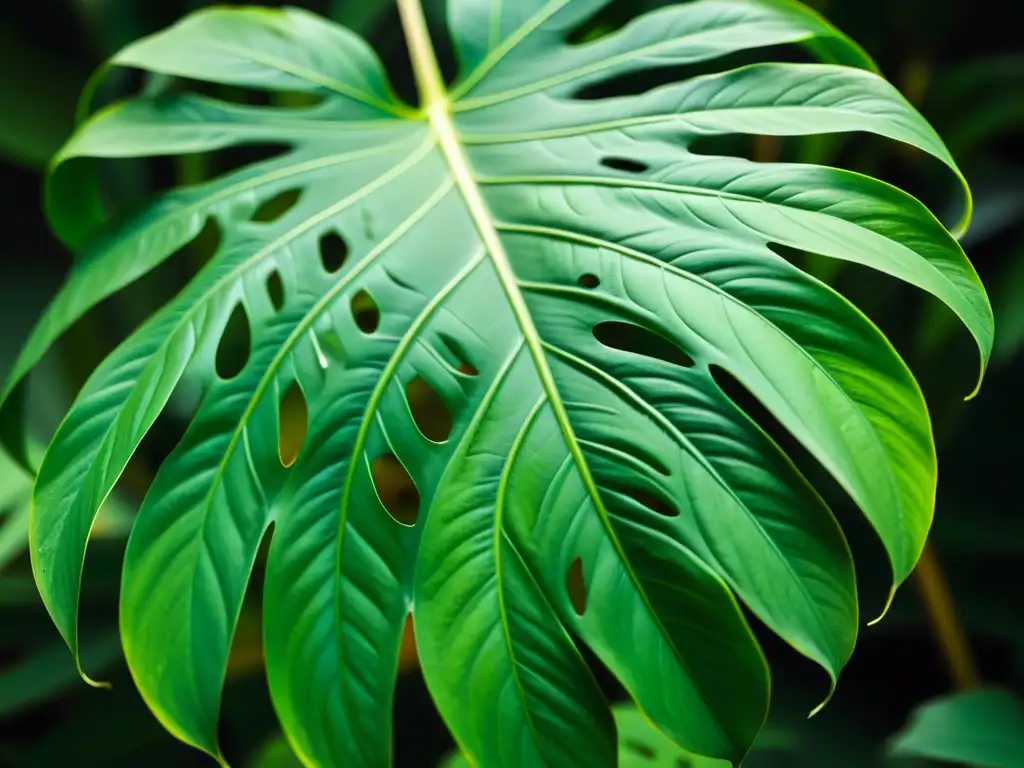 Una fotografía creativa de una exuberante hoja de monstera deliciosa, resaltando sus detalles y patrones naturales bajo una suave iluminación