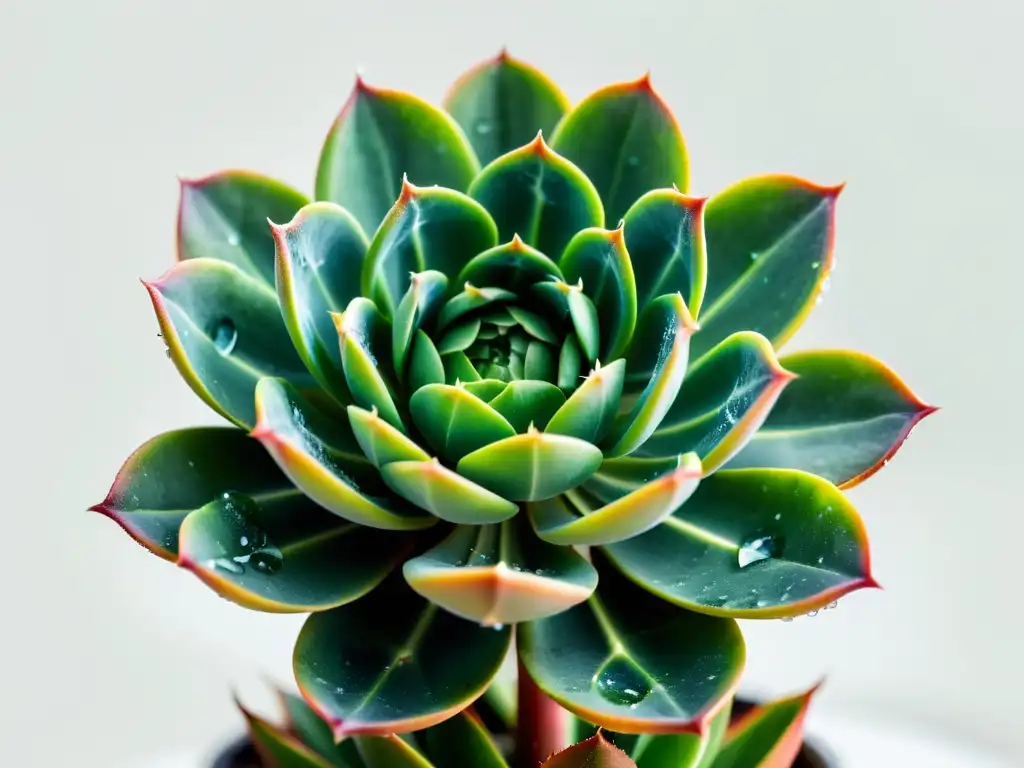 Fotografía creativa de planta de interior: suculenta verde con gotas de agua, en un fondo blanco, resaltando su belleza natural