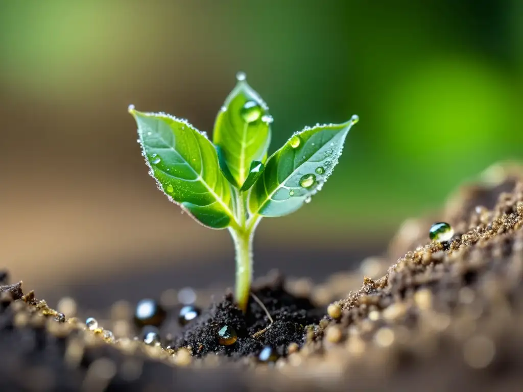 Fotografía de crecimiento de plantas: Detalle de brote verde emergiendo de la tierra con gotas de agua brillantes en las hojas, iluminado suavemente