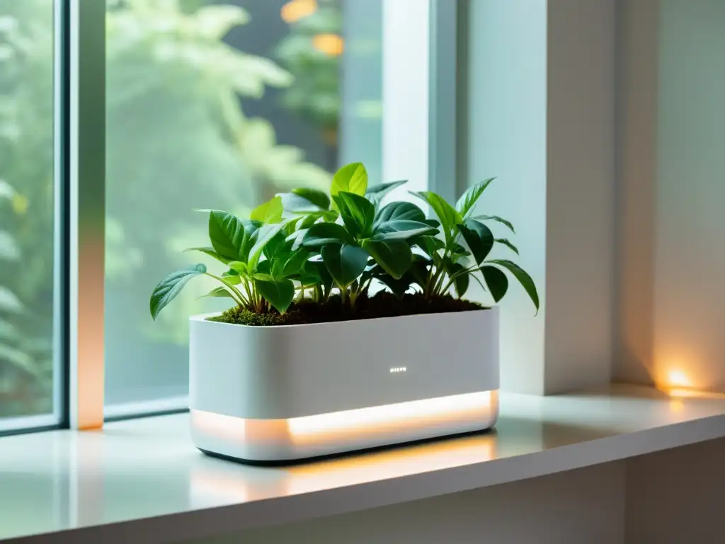 Cuidado autónomo de plantas de interior: maceta blanca minimalista con sensores y pantalla digital, en un alféizar moderno con vegetación exuberante