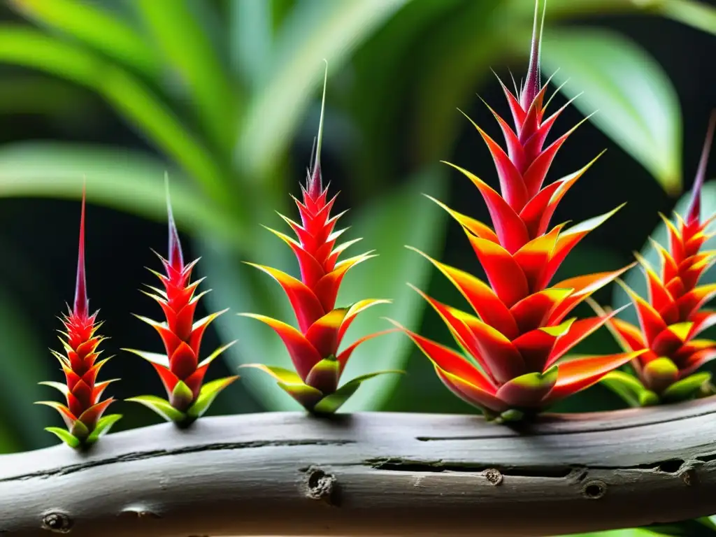 Cuidado de bromelias aéreas sin suelo: Cluster de bromelias aéreas en espiral, suspendidas en el aire con agua y luz natural