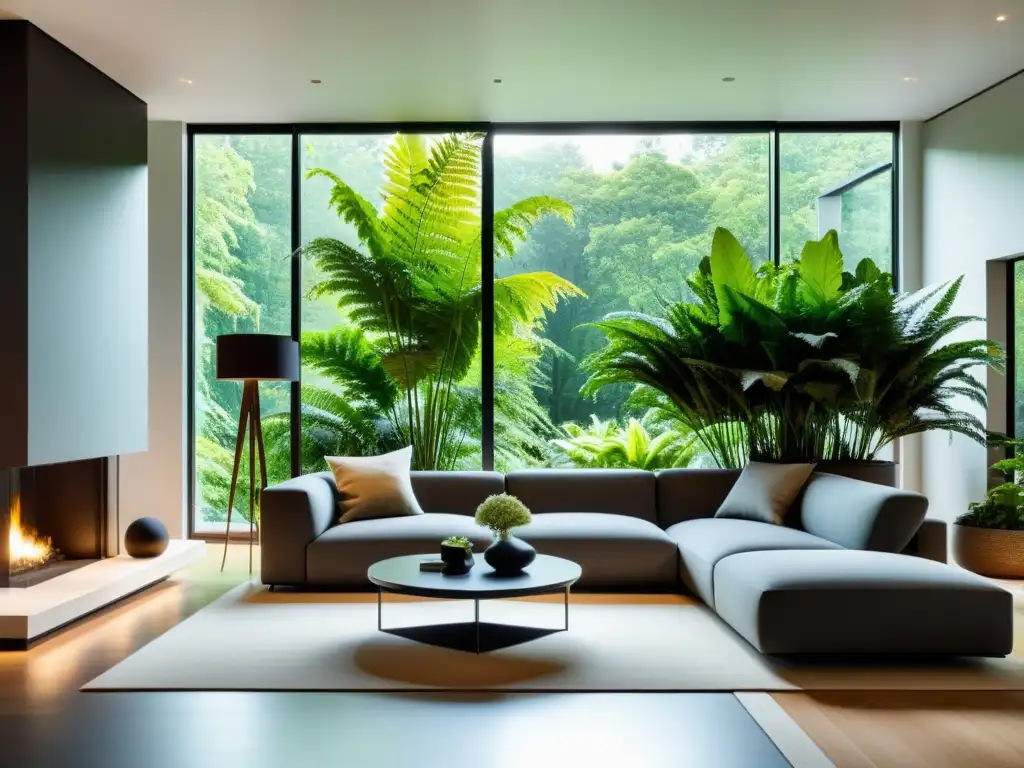 Cuidado de helechos en interiores: Sala de estar minimalista y moderna con plantas exuberantes y luz natural suave