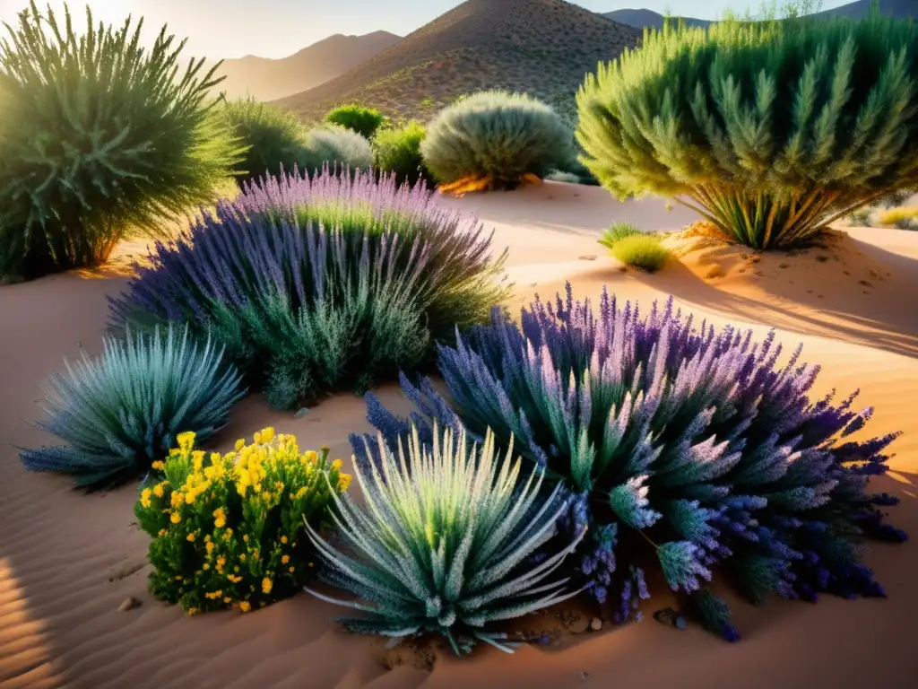 Cuidado de hierbas aromáticas en clima árido: Jardín desértico con lavanda, romero y salvia en un paisaje seco iluminado por el sol