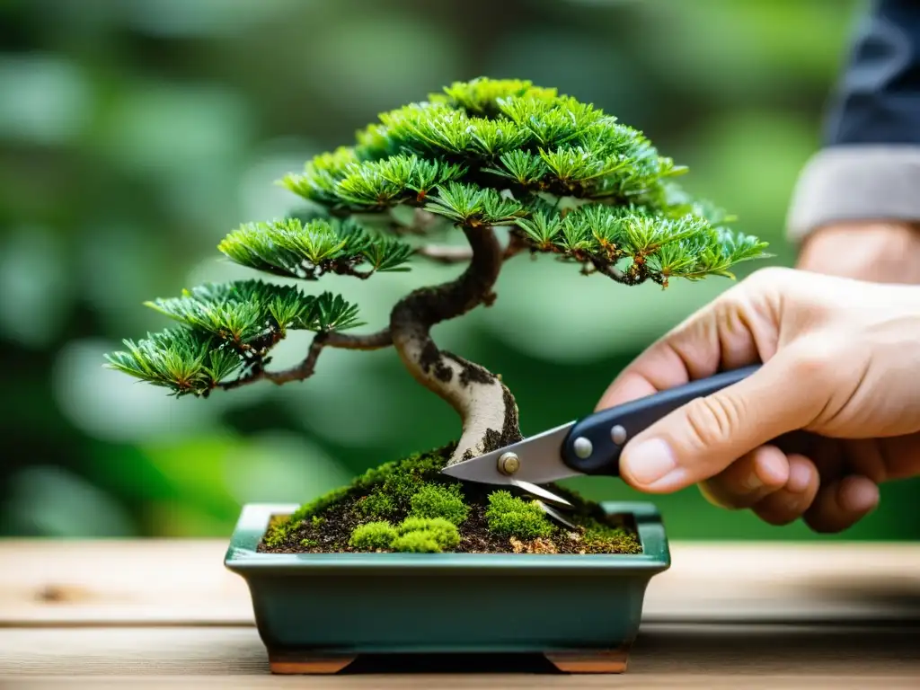 Cuidado de bonsái interior: Manos expertas podan con precisión un pequeño árbol bonsái, demostrando cuidado y dedicación