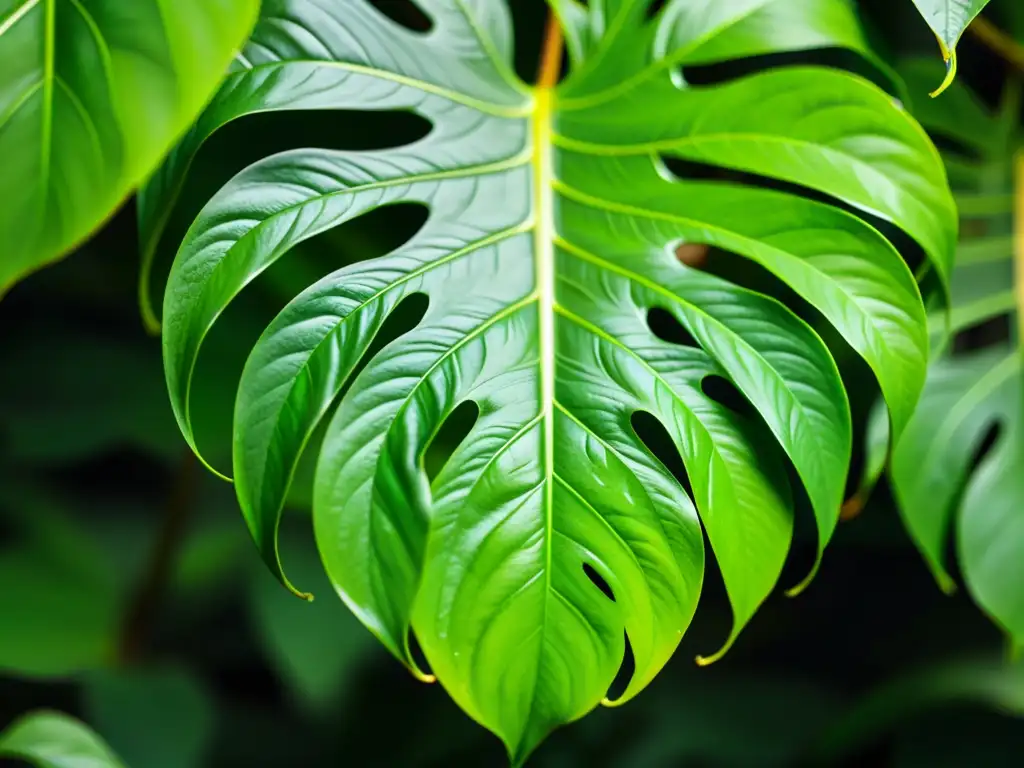 'Cuidado del Philodendron en interiores: Detalle de hojas verdes y brillantes con texturas, mostrando la elegancia y resiliencia de la planta