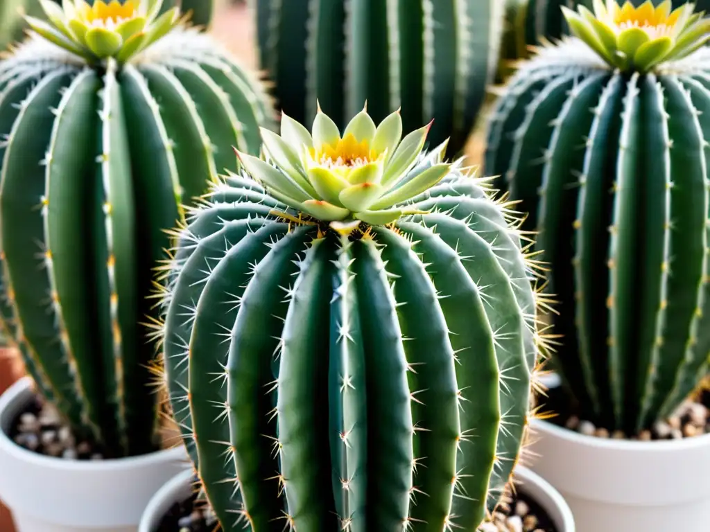 Cuidado del cactus en interiores: Imagen de cactus simétricos en macetas blancas, bañados por luz natural, con gotas de agua en sus espinas