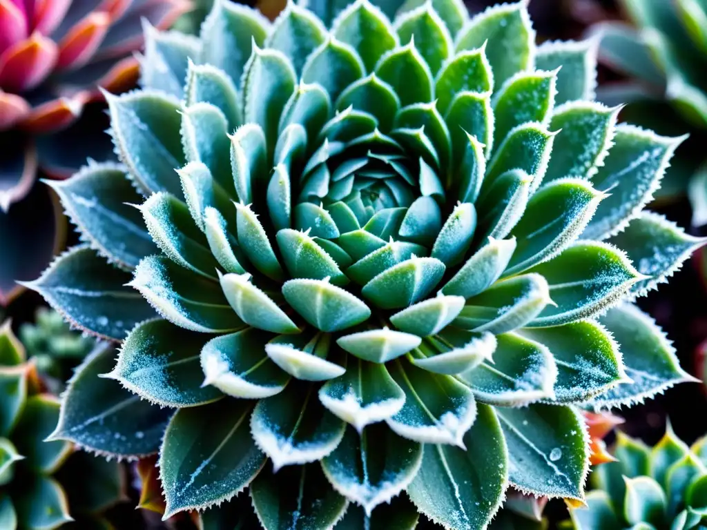 Cuidado de cactus en invierno: Suculentas y cactus cubiertos de escarcha, creando una escena serena y cautivadora