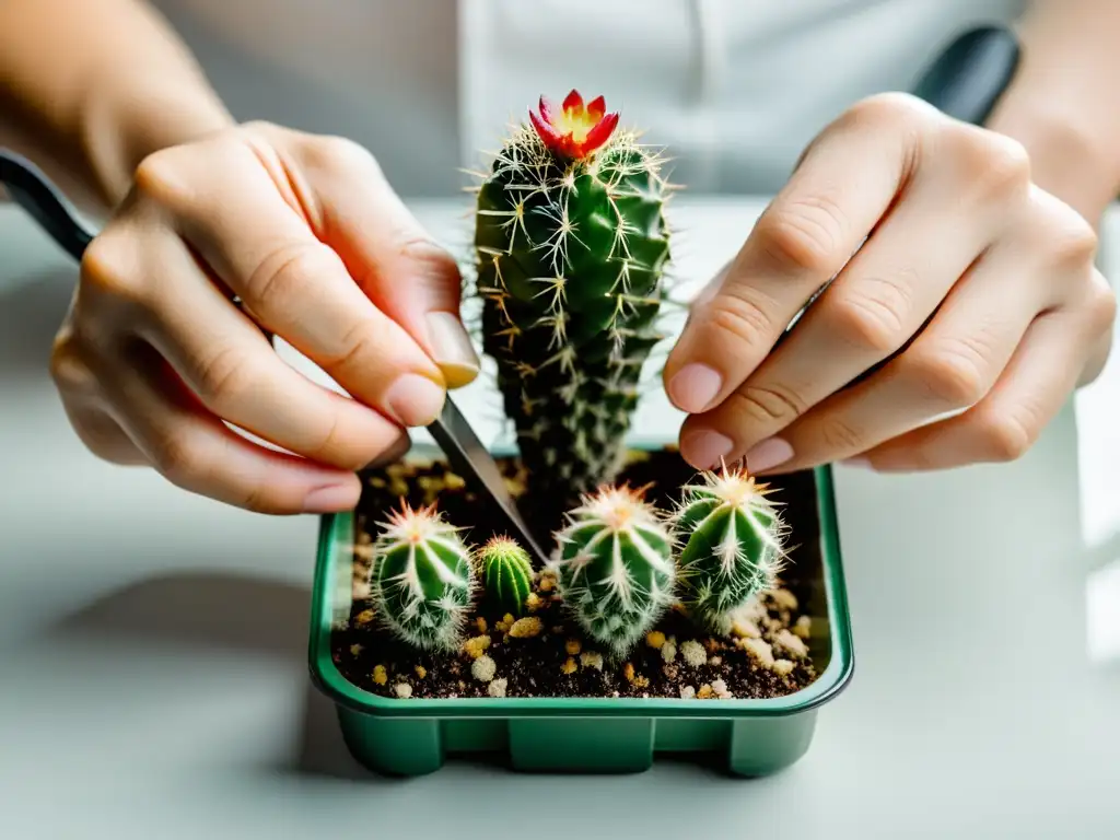 Con cuidado, unas manos con guantes usan un cuchillo afilado para propagar un cactus sano, mostrando precisión al propagar cactus exóticos en casa