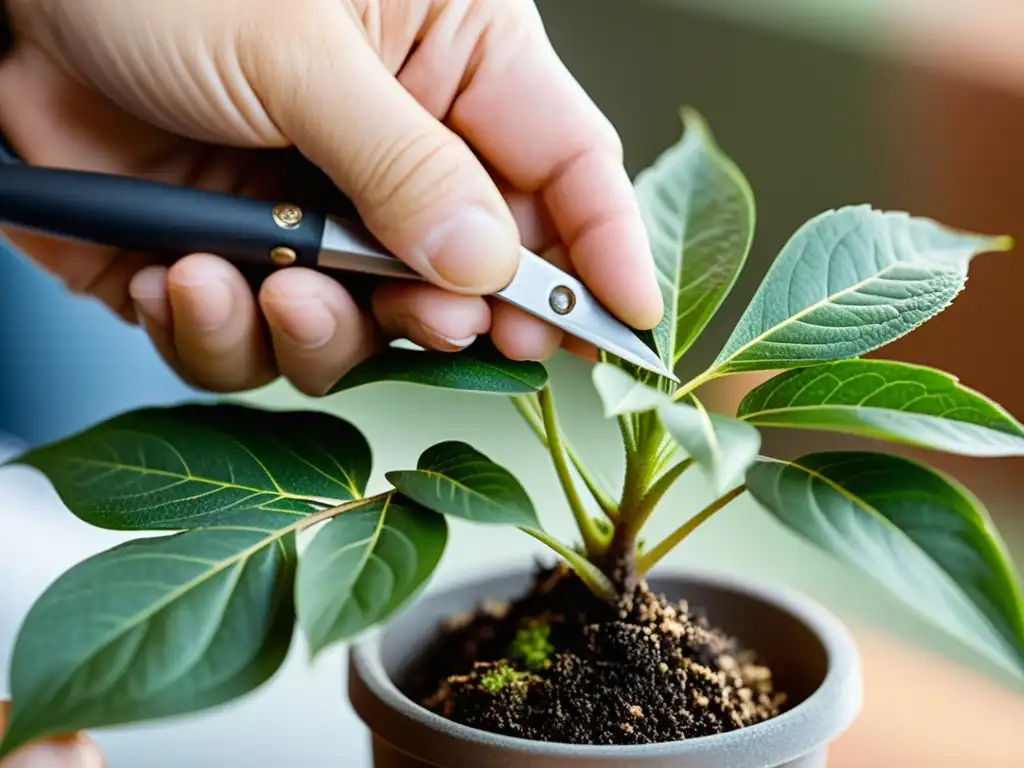 Con cuidado, unas manos podan una planta de interior, eliminando una hoja dañada con precisión