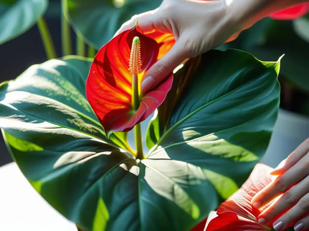 Cuidado amoroso: limpiando hojas de Anthurium rojo Cuidado meticuloso de plantas de interior, limpiando las hojas brillantes de un Anthurium rojo con un paño suave