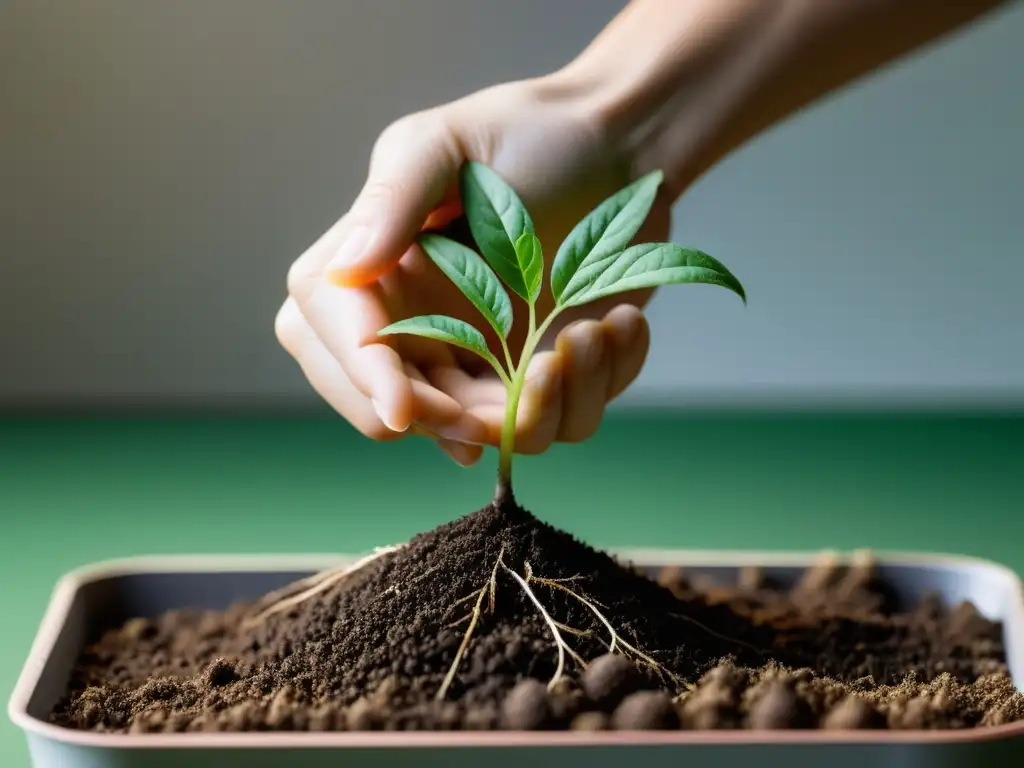 Cuidado y multiplicación de rizomas en interiores: Detalle de una mano separando suavemente las raíces de una planta verde y saludable