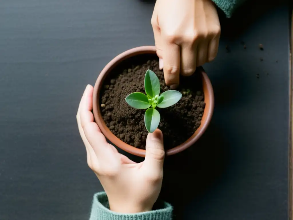 Con cuidado, se siembra una pequeña planta verde en una maceta con tierra oscura