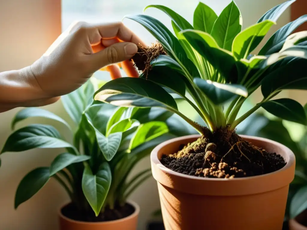 Con cuidado, se poda una planta de interior en una maceta, revelando sus raíces