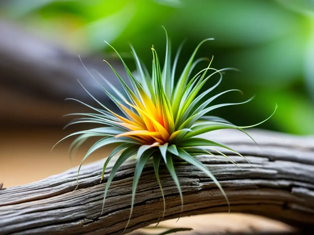 Cuidado de plantas aéreas en interiores: Detalle de tillandsia enraizada en madera a contraluz, resaltando su estructura y belleza natural