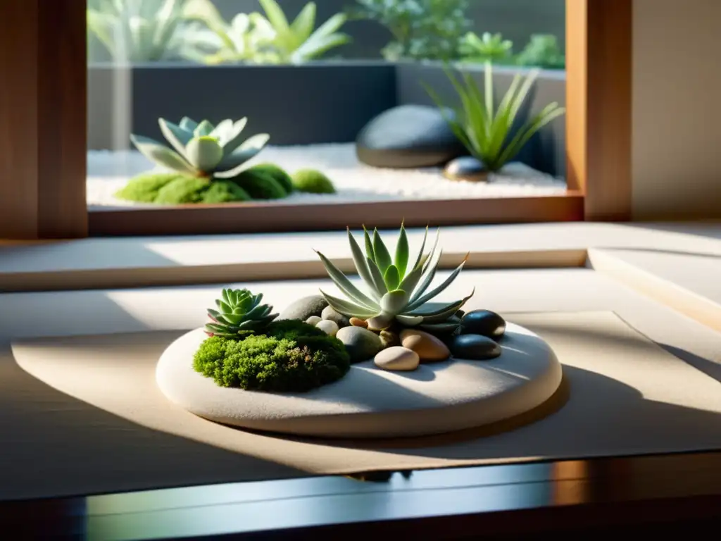 Cuidado plantas en interior: jardín zen con arena blanca, rocas y suculentas, creando atmósfera serena y equilibrio