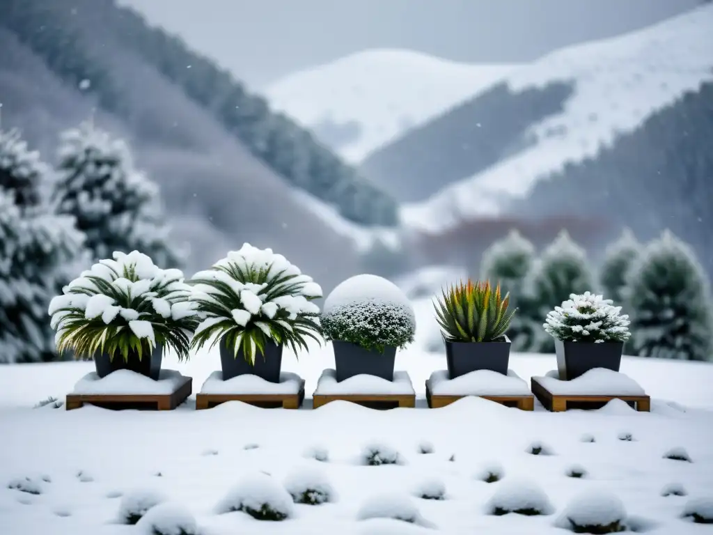 Cuidado de plantas exóticas en climas fríos: colección de plantas exóticas en elegantes macetas modernas, contra un suave telón de nieve