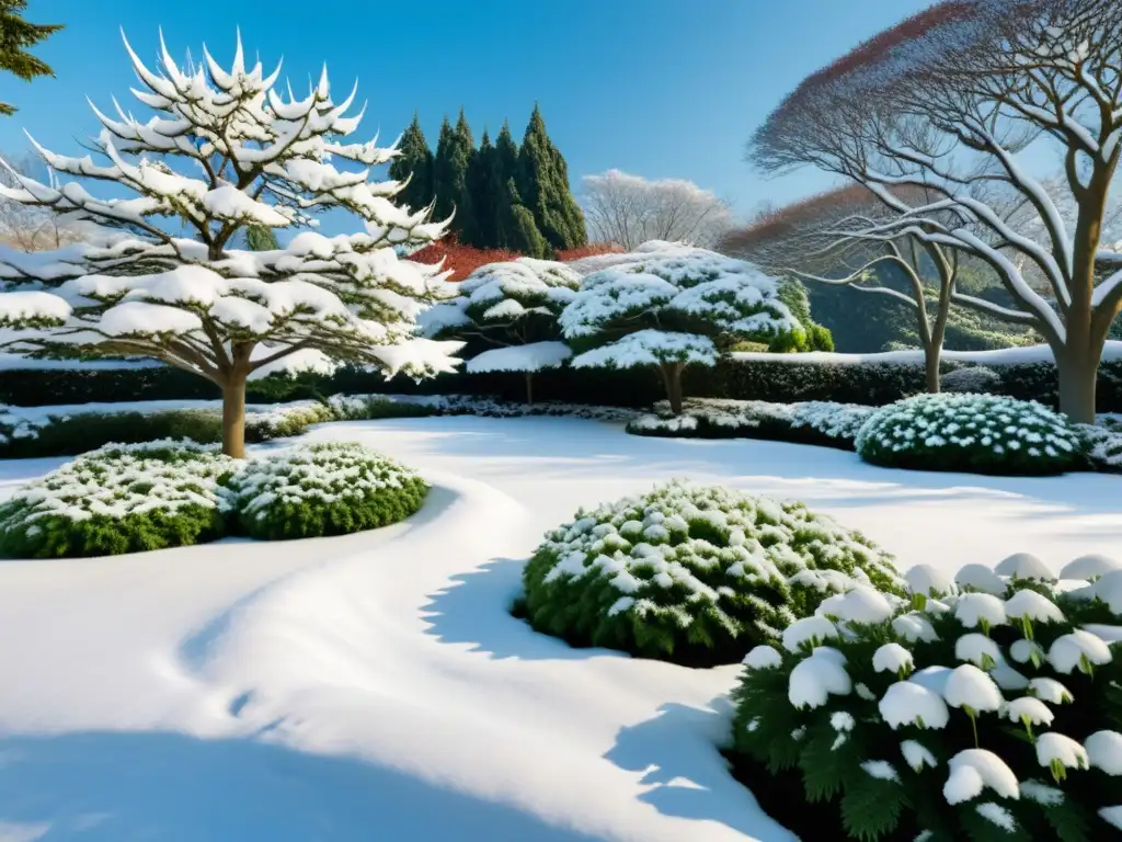 Cuidado de plantas exóticas en climas fríos: Jardín invernal con nieve, plantas y árboles exóticos en un paisaje sereno y nevado