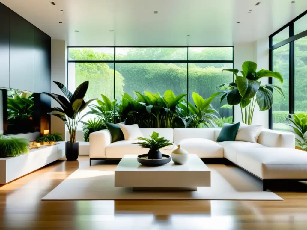 Cuidado de plantas de interior aire: Moderno salón con plantas verdes en macetas blancas, iluminado por luz natural